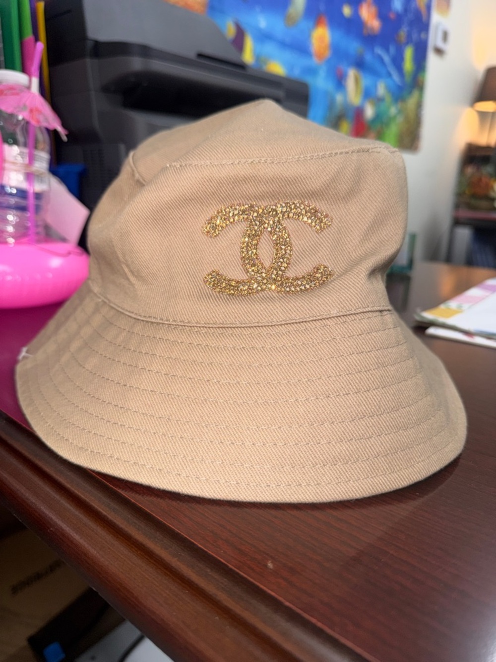 Beige Bucket Hat with Gold CC Emblem